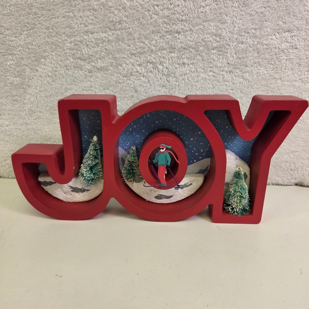 Allen + Roth Red Wood JOY Tabletop Christmas Decoration Skier Winter Scene